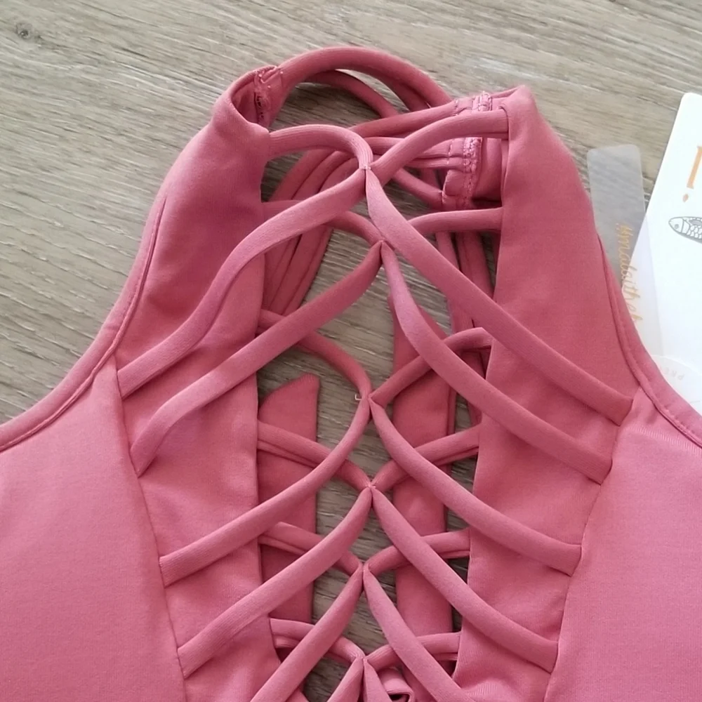 NWT Malai Handmade Fishbone High Neck Bikini Swim Top In Rose Size Large